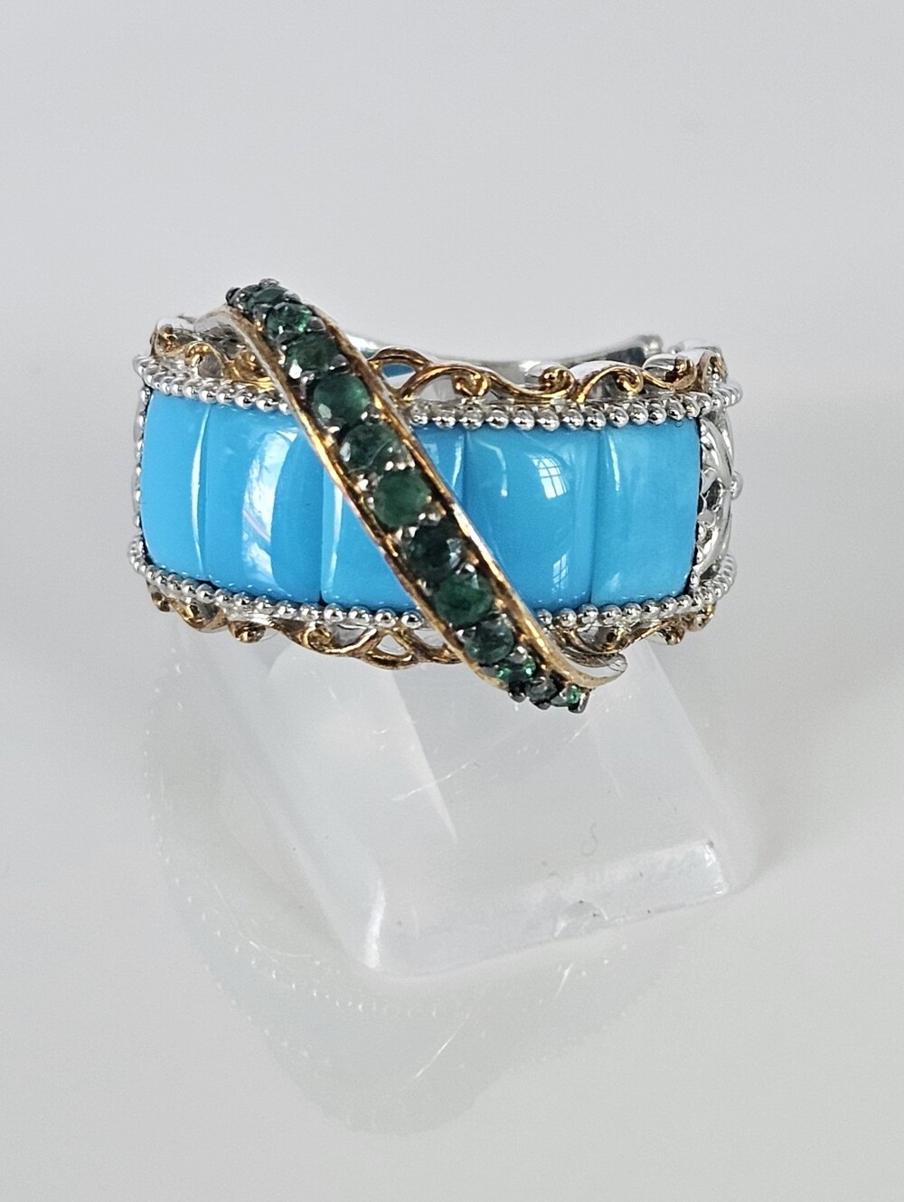 Sleeping Beauty Turquoise & Emeralds 24k Palladium Sterling Silver Ring Sz 9!